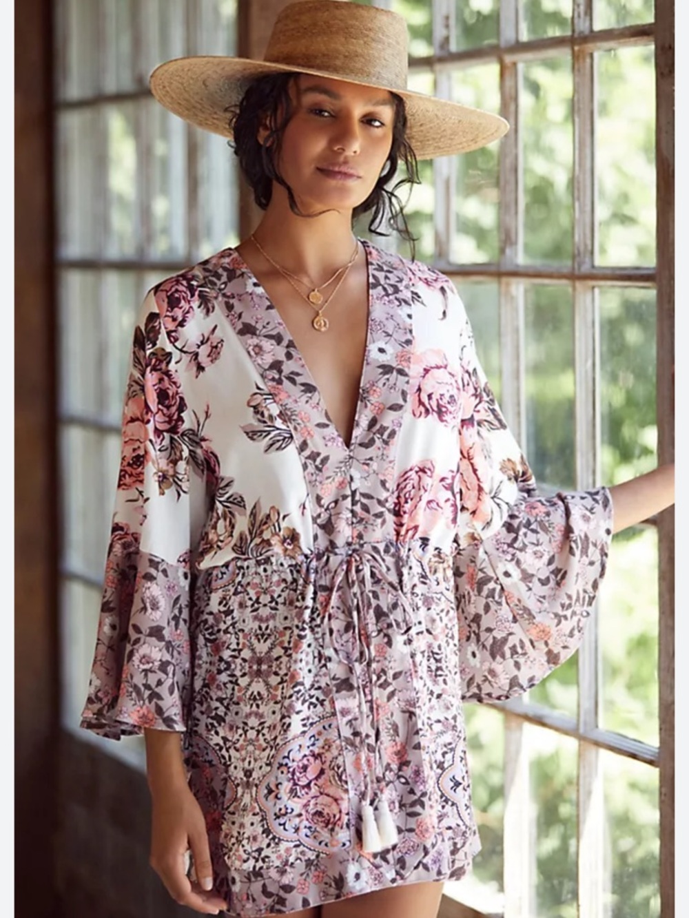Maaji Floral Ruffled Swim Coverup in White‎ and Pink small